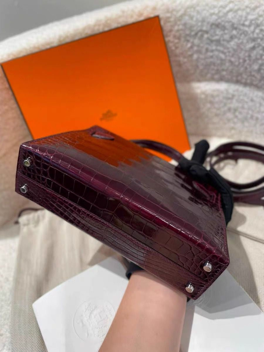 Hermes mini Kelly 20 Bordeaux Shiny alligator leather palladium hardware