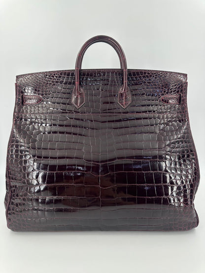 Hermes Birkin HAC 50 Bordeaux Shiny Crocodile leather palladium hardware