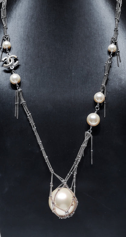 Chanel 14P Pearl and Diamond Double C Tassel Necklace