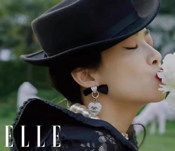 Chanel mini rhinestone heart bow earrings