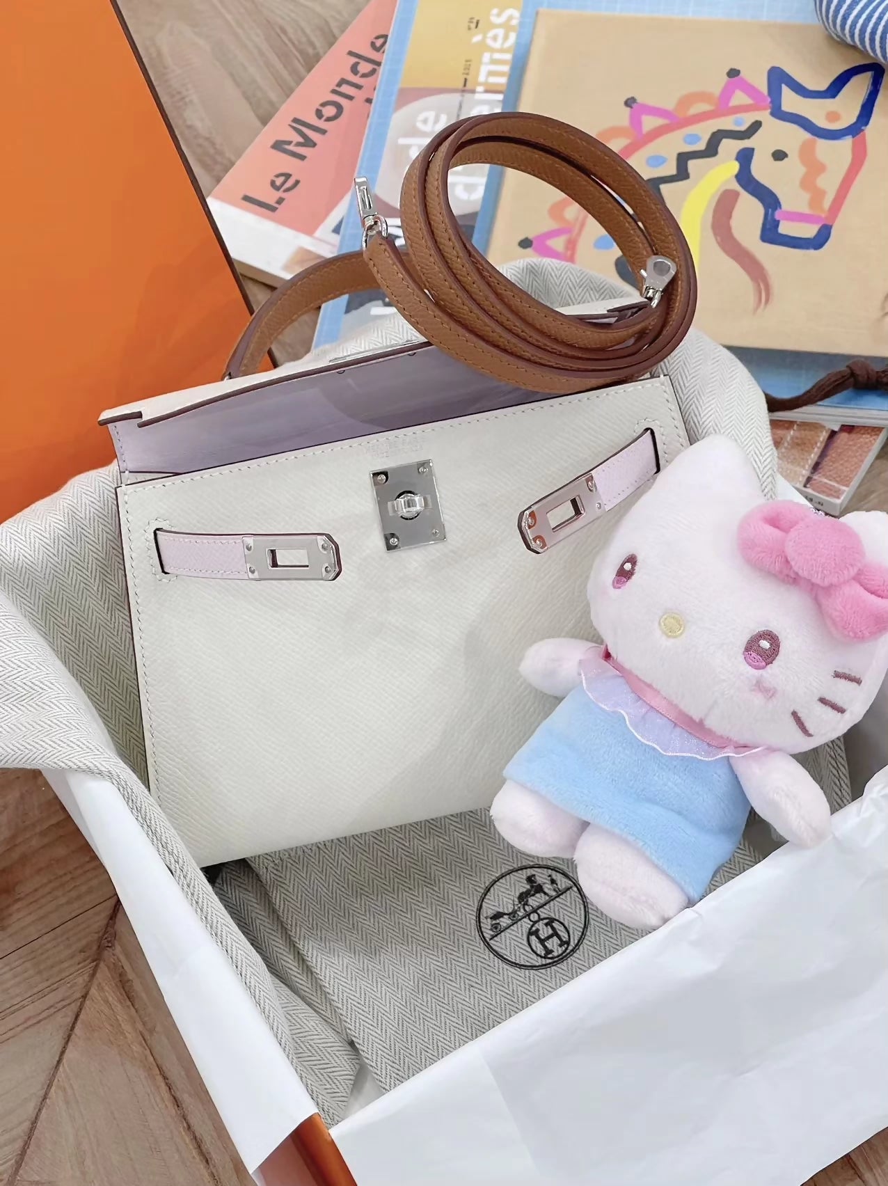 Hermès Mini Kelly 20 craie/gold/mauve Epsom leather palladium hardware