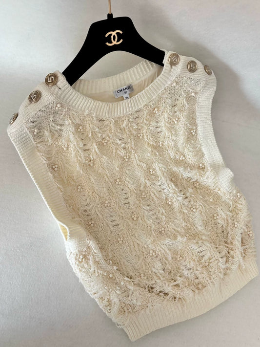 Chanel 21S ecru Beaded and Rhinestone Top