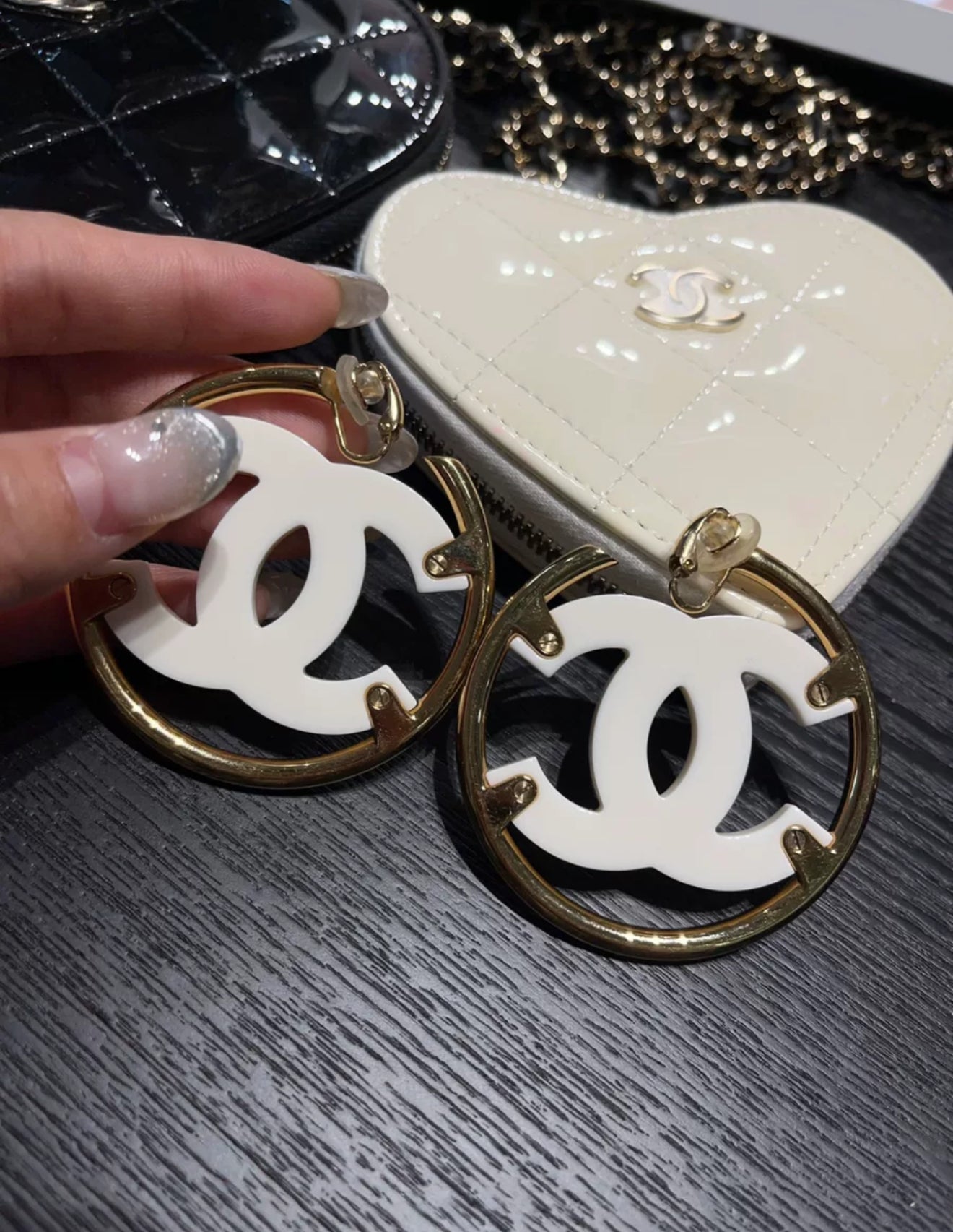 Chanel 24S White Acrylic Double CC Gold hoope earrings