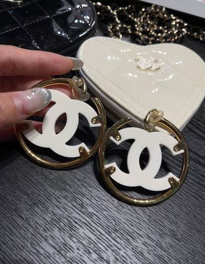 Chanel 24S White Acrylic Double CC Gold hoope earrings