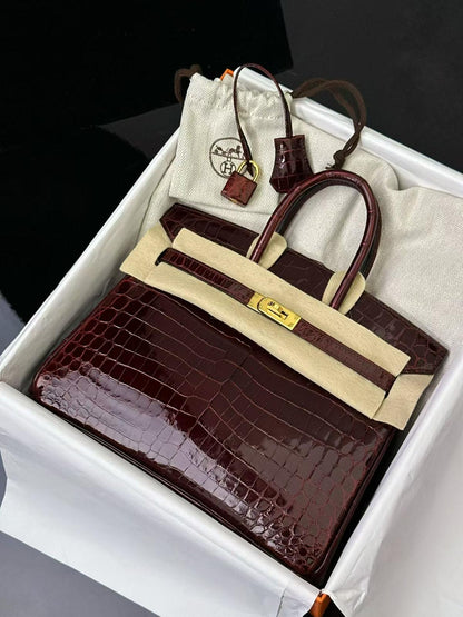 Hermes Birkin 25 Red Bordeaux shiny crocodile leather gold hardware