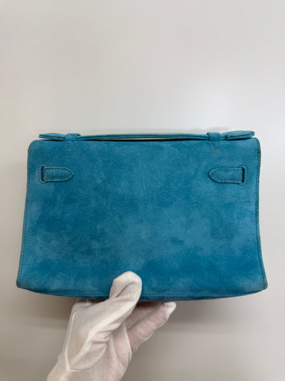 Hermes Kelly Pochette Blue Doblis Suede leather palladium hardware