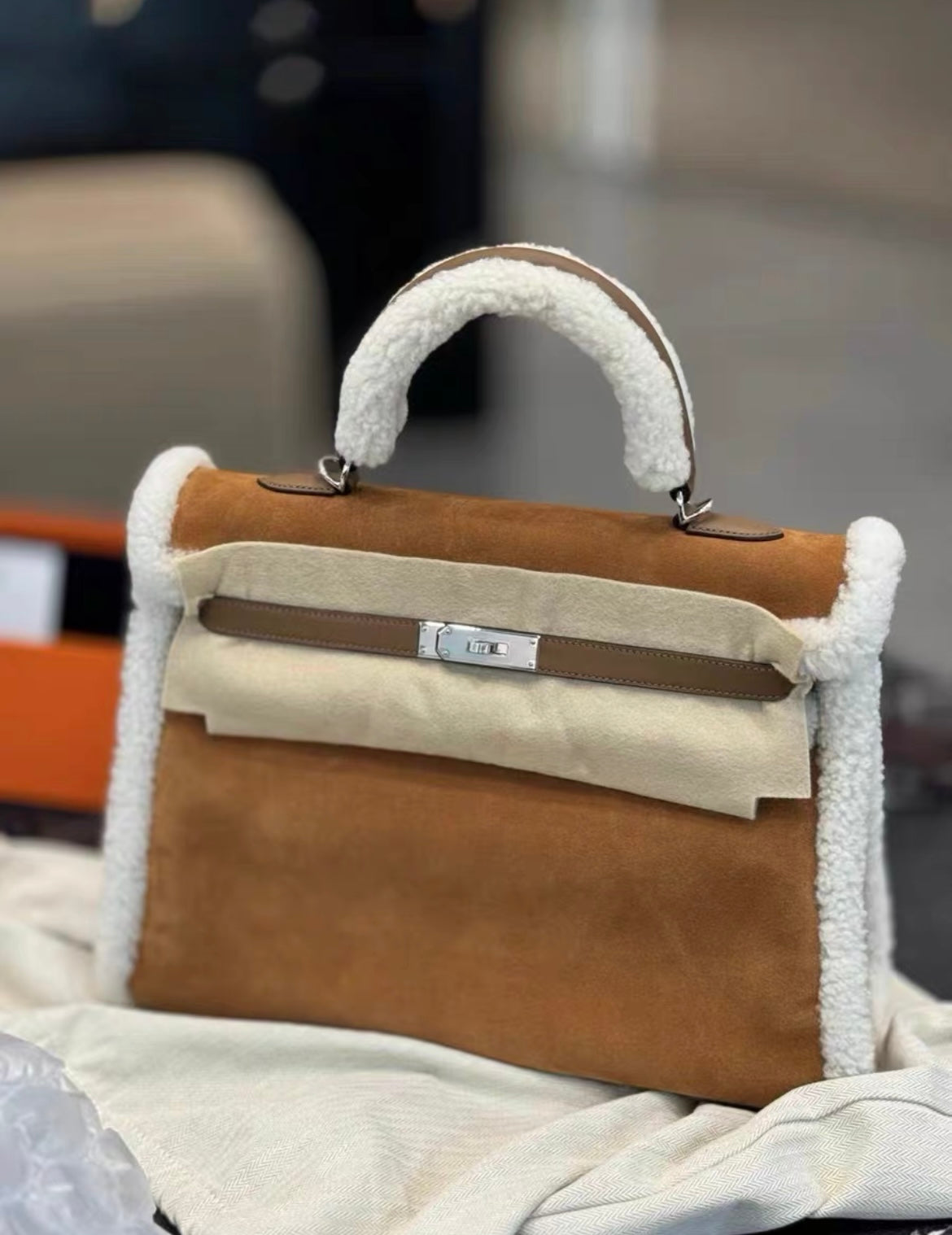 Hermès Kelly 35 Teddy Plush Shearling Chamois/Ecru/Alezan Palladium Hardware