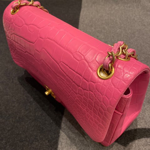 Super Rare Chanel Medium flap Pink Barbie Matte Crocodile leather with gold hardware