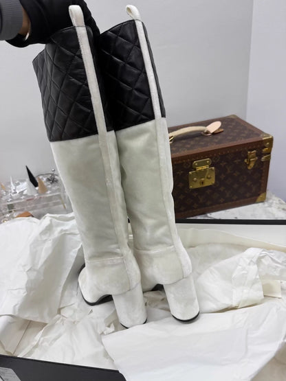 Chanel black and white quilted leather velvet high-heeled knee-high boots