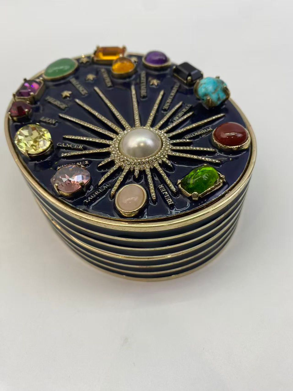 CHANEL 2007 Horoscope Navy Blue Metal Gripoix Gold Crystal Small Mini Minaudière Bag