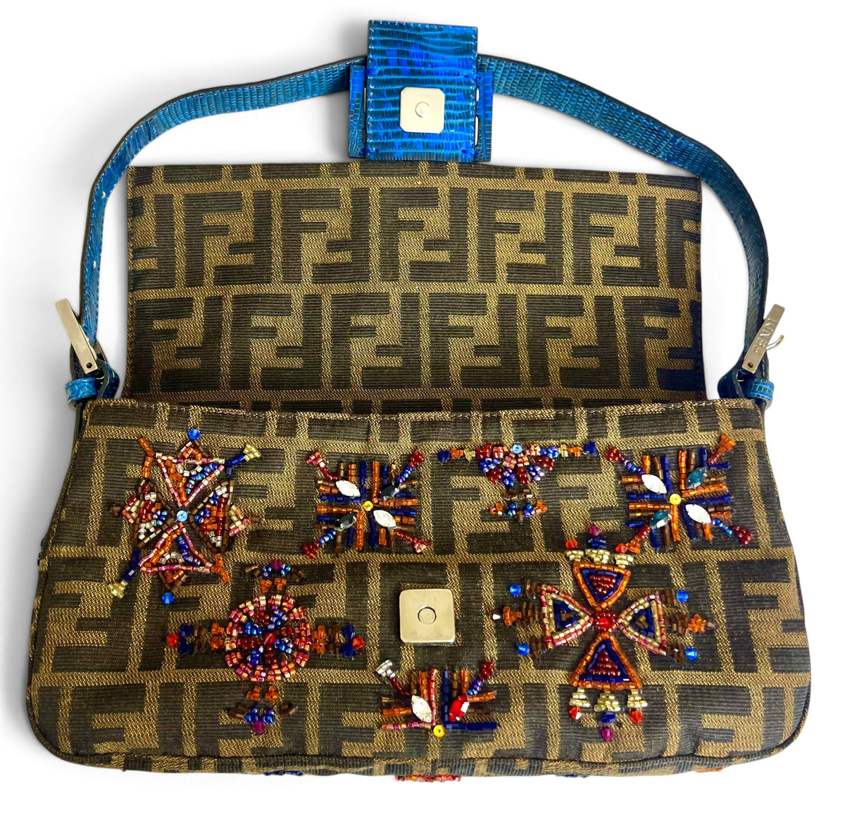 Fendi Vintage Blue Lizard Trimmed Embroidered Beaded Classic Zucca Baguette Bag