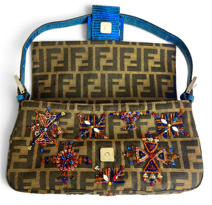 Fendi Vintage Blue Lizard Trimmed Embroidered Beaded Classic Zucca Baguette Bag