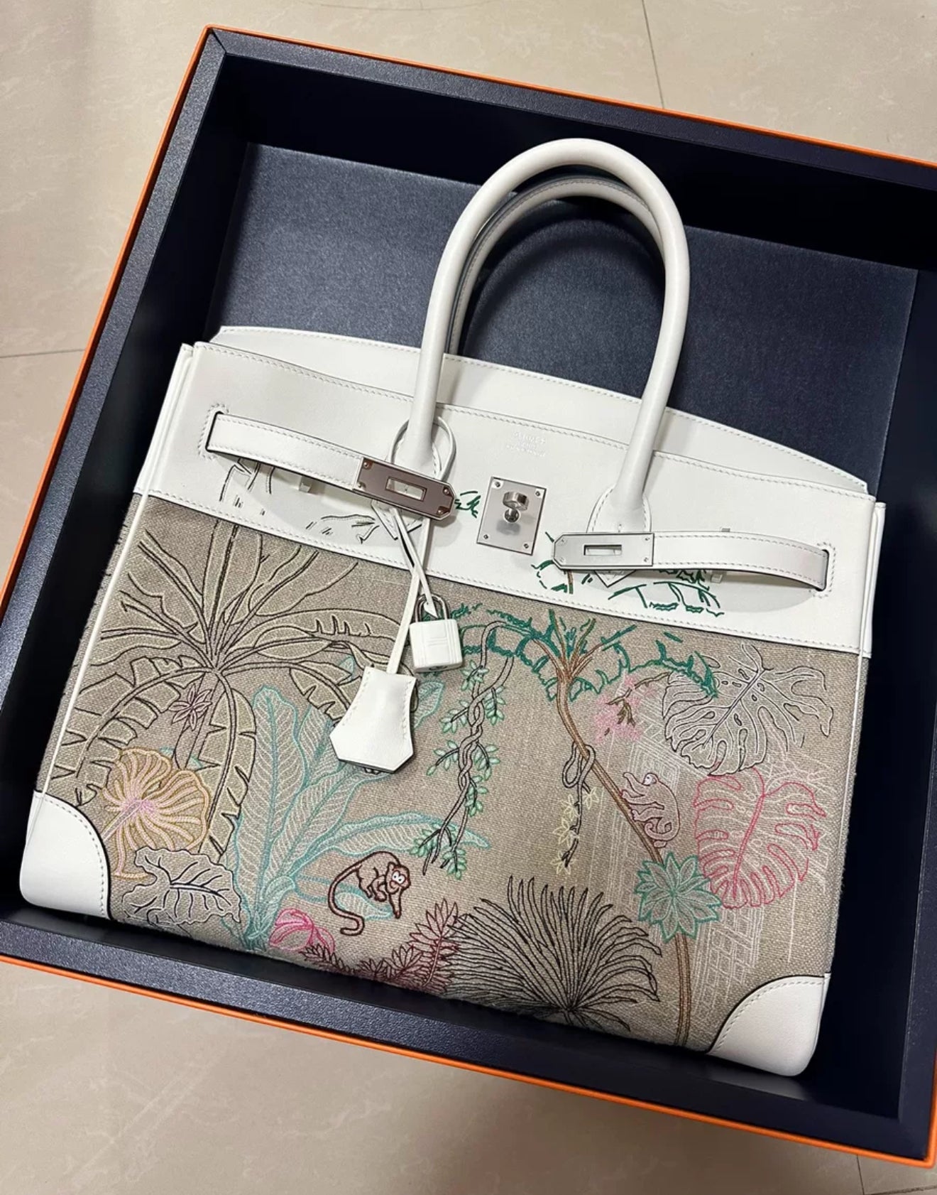 Hermès Limited Edition Birkin 35 White Swift and Multicolor Canvas