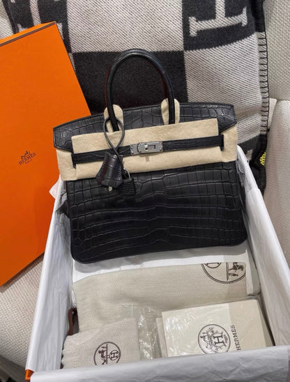 Hermes Birkin 25 Black Matte Crocodile Leather Palladium Hardware