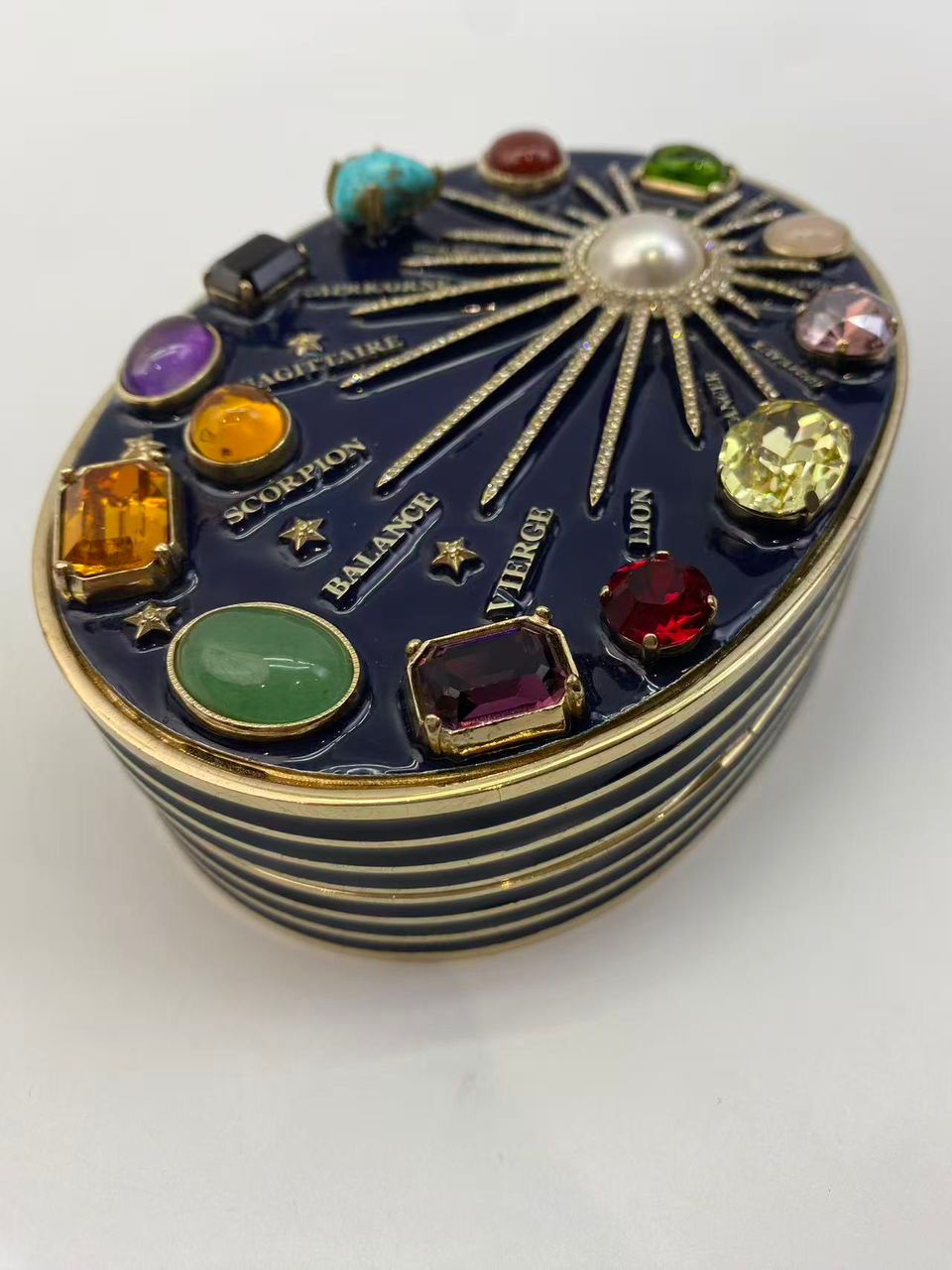 CHANEL 2007 Horoscope Navy Blue Metal Gripoix Gold Crystal Small Mini Minaudière Bag