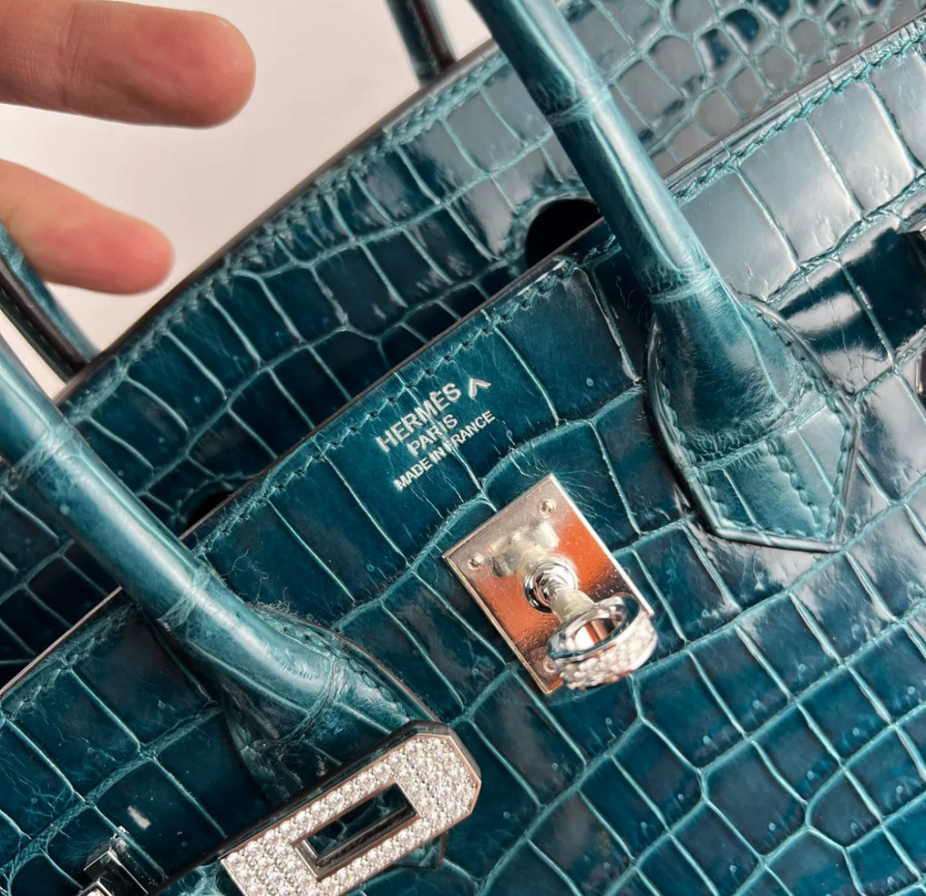 Hermès Birkin 25 Bosphorus Green Shiny Crocodile Diamond Hardware