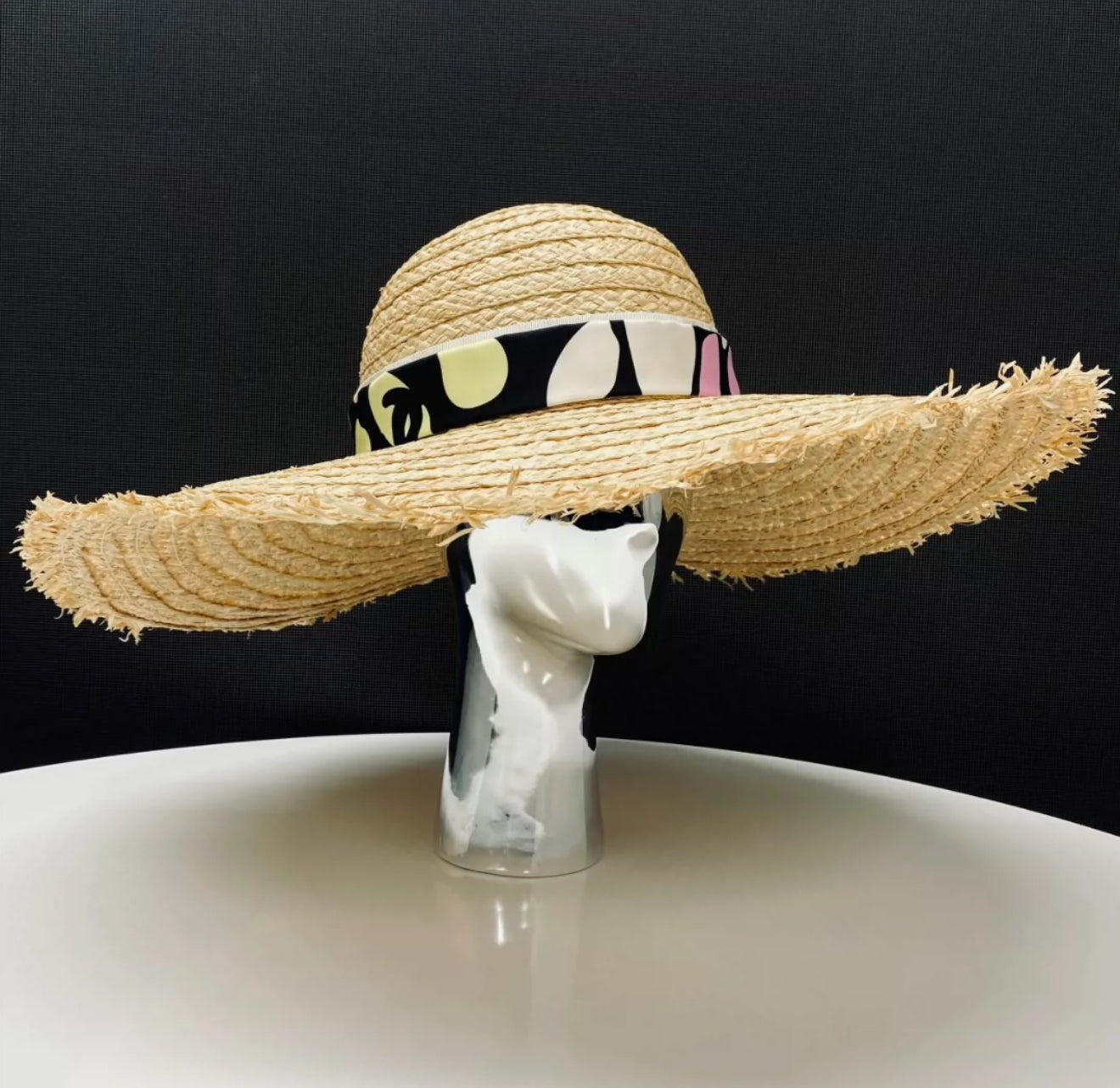 Chanel 22S Beige & Multicolor Straw & Silk Wide-Brimmed Hat