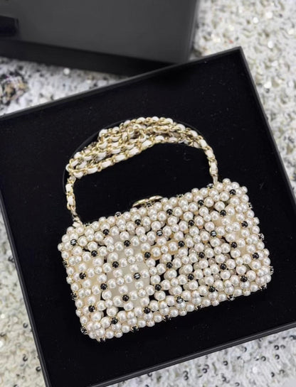 Chanel 23s black and white color gold metal pearl evening bag minaudière