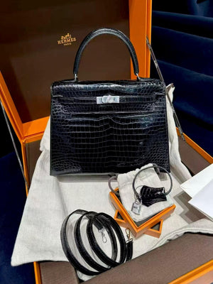 Hermes Kelly 25 Black Shiny Porosus crocodile leather white gold Diamond hardware