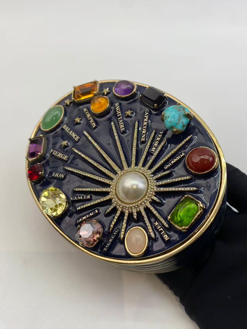 CHANEL 2007 Horoscope Navy Blue Metal Gripoix Gold Crystal Small Mini Minaudière Bag