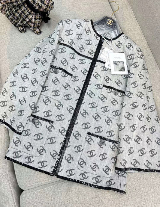 Chanel 22SS CC Gray denim jacket with sequin trimming brand new size 34