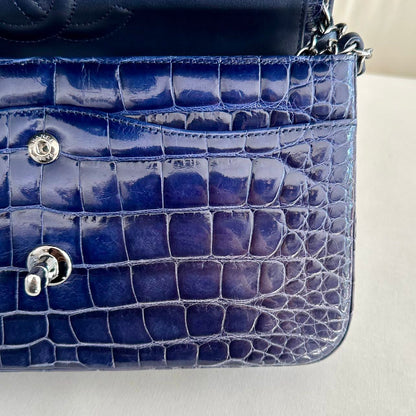 CHANEL SHINY BLUE ALLIGATOR CLASSIC FLAP BAG WITH SILVER HARDWARE