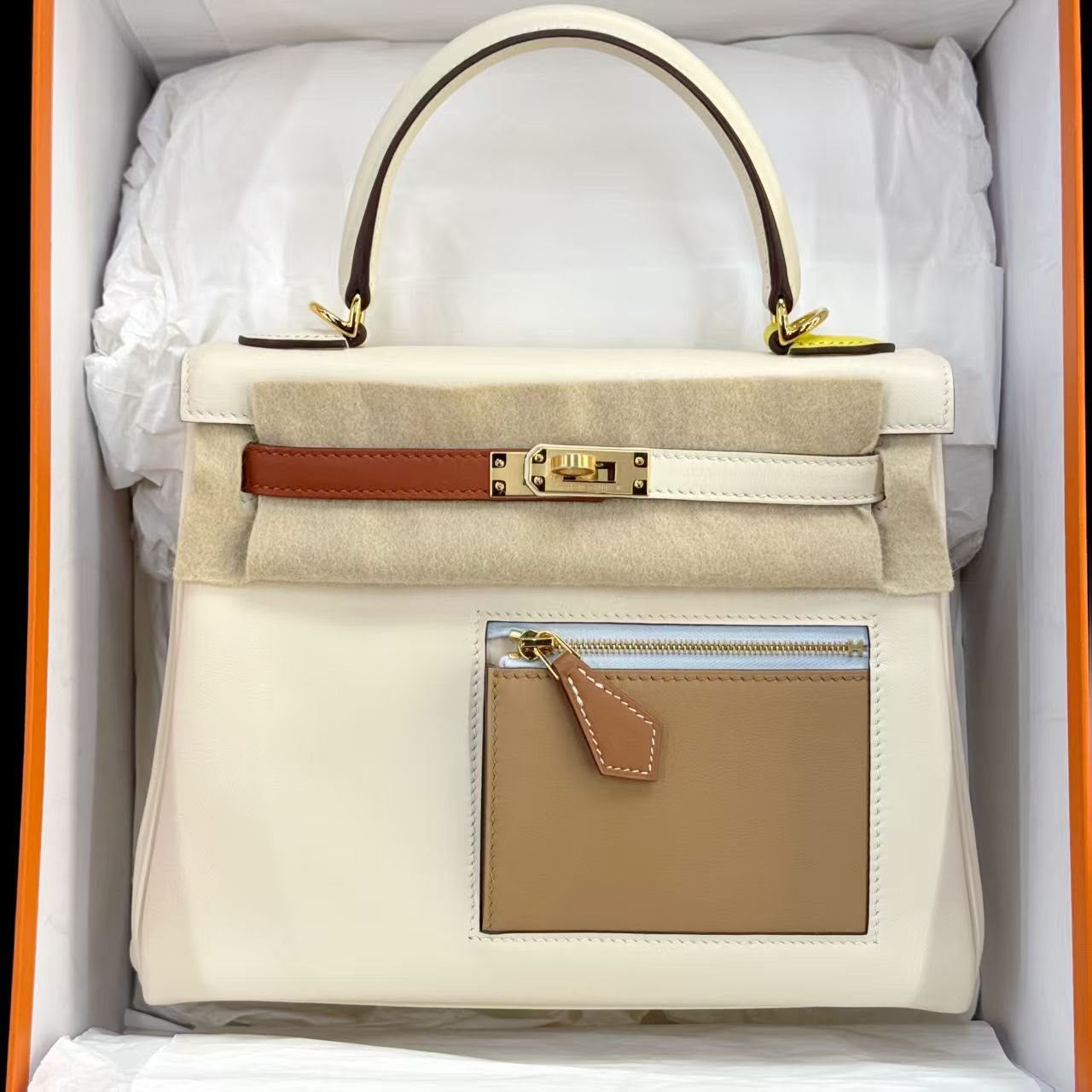 Hermes Kelly 25 Colormatic Retourne Nata/Cuivre/Lime/Mauve sylvestre/Blue brume Swift leather Gold hardware