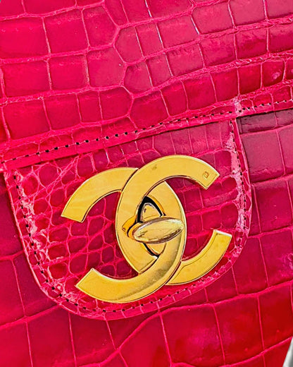 Chanel Red Shiny Crocodile Maxi flap with gold hardware
