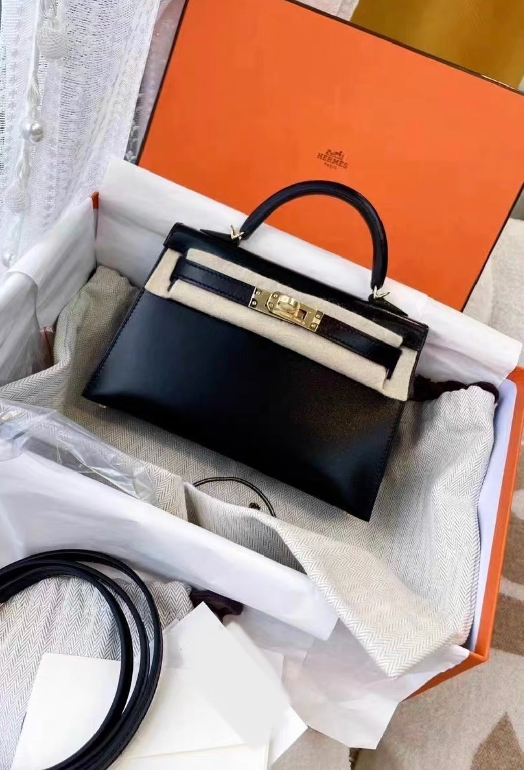 Hermes Mini Kelly 20 Black Box Gold Hardware