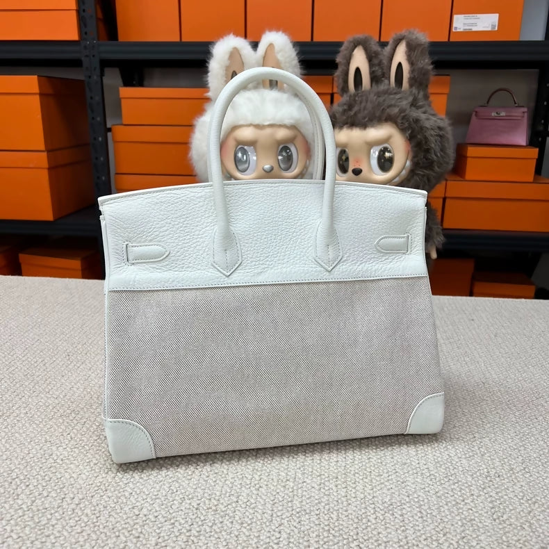 Hermes Birkin 35 Toile & 01 pure white Togo leather palladium hardware