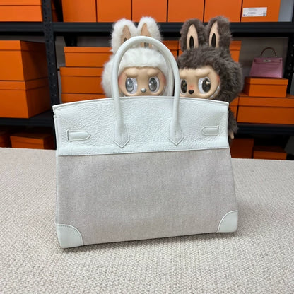 Hermes Birkin 35 Toile & 01 pure white Togo leather palladium hardware