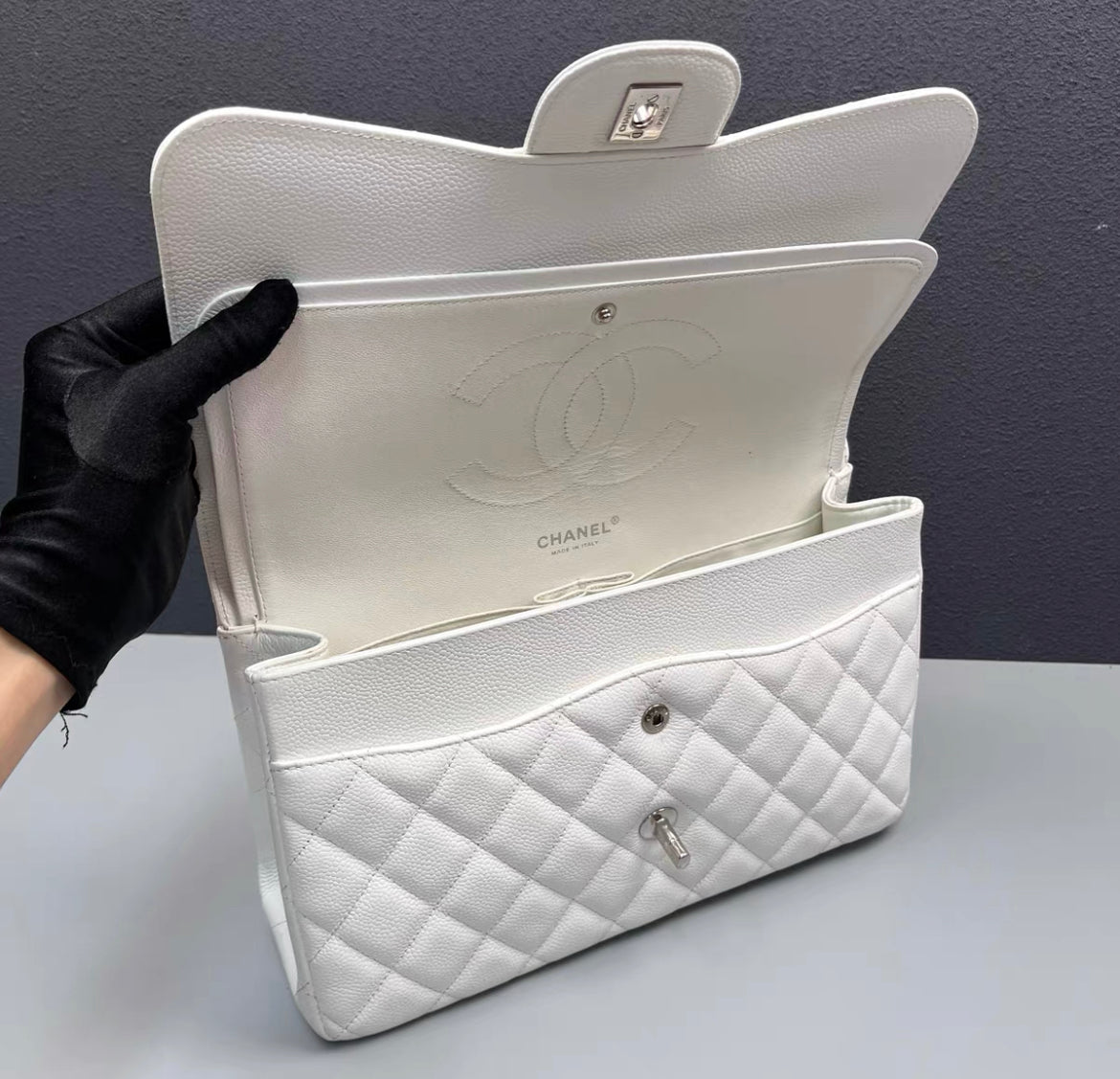 Chanel White Caviar Jumbo Double Flap