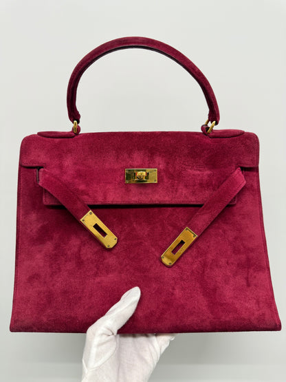Rare Hermes Kelly 28 Pink Rose Doblis Suede leather gold hardware