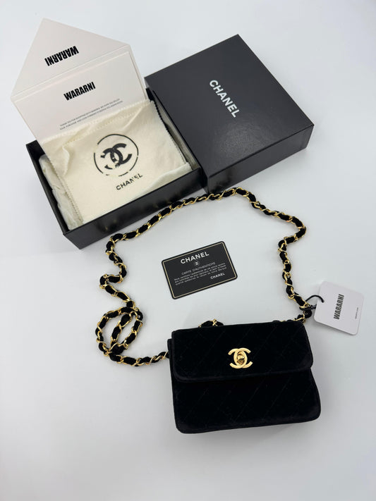 Chanel vintage Black velvet mini square flap bag with gold hardware