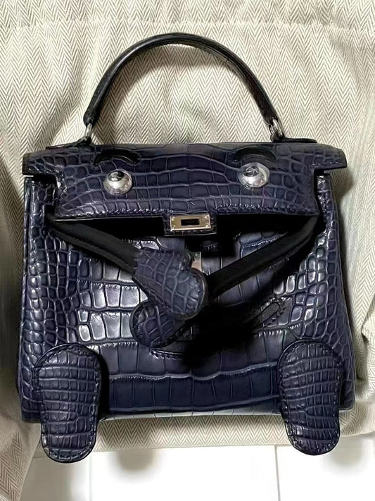 Hermès Kelly Doll Matte Dark Bleu Alligator and Black Swift Palladium Hardware