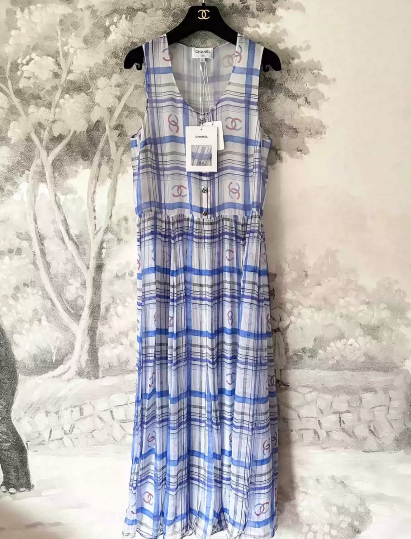 Chanel 23P White & Blue Printed Silk Dress