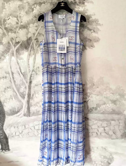 Chanel 23P White & Blue Printed Silk Dress