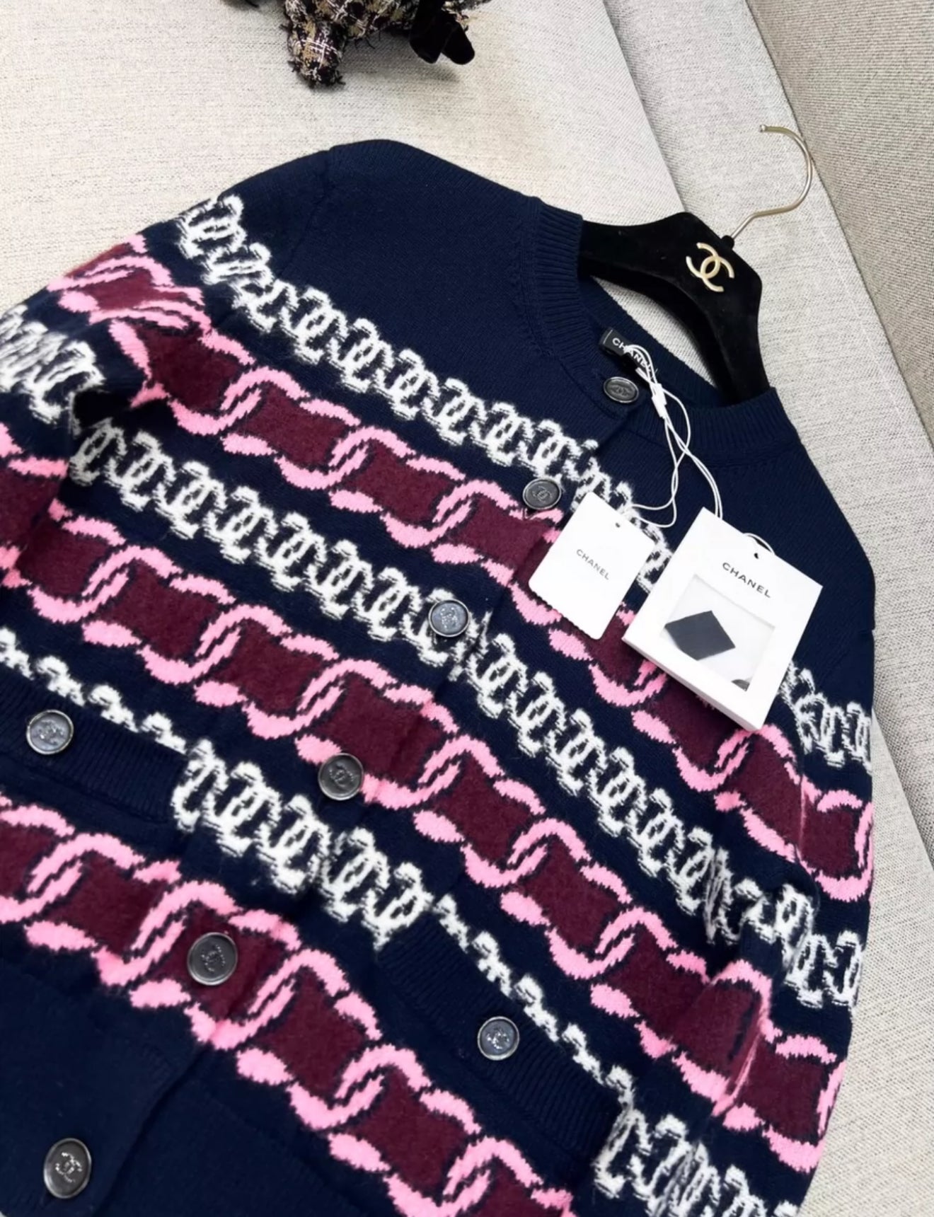 Chanel 23B navy blue, Burgundy, pink & white cardigan – Wararni.com