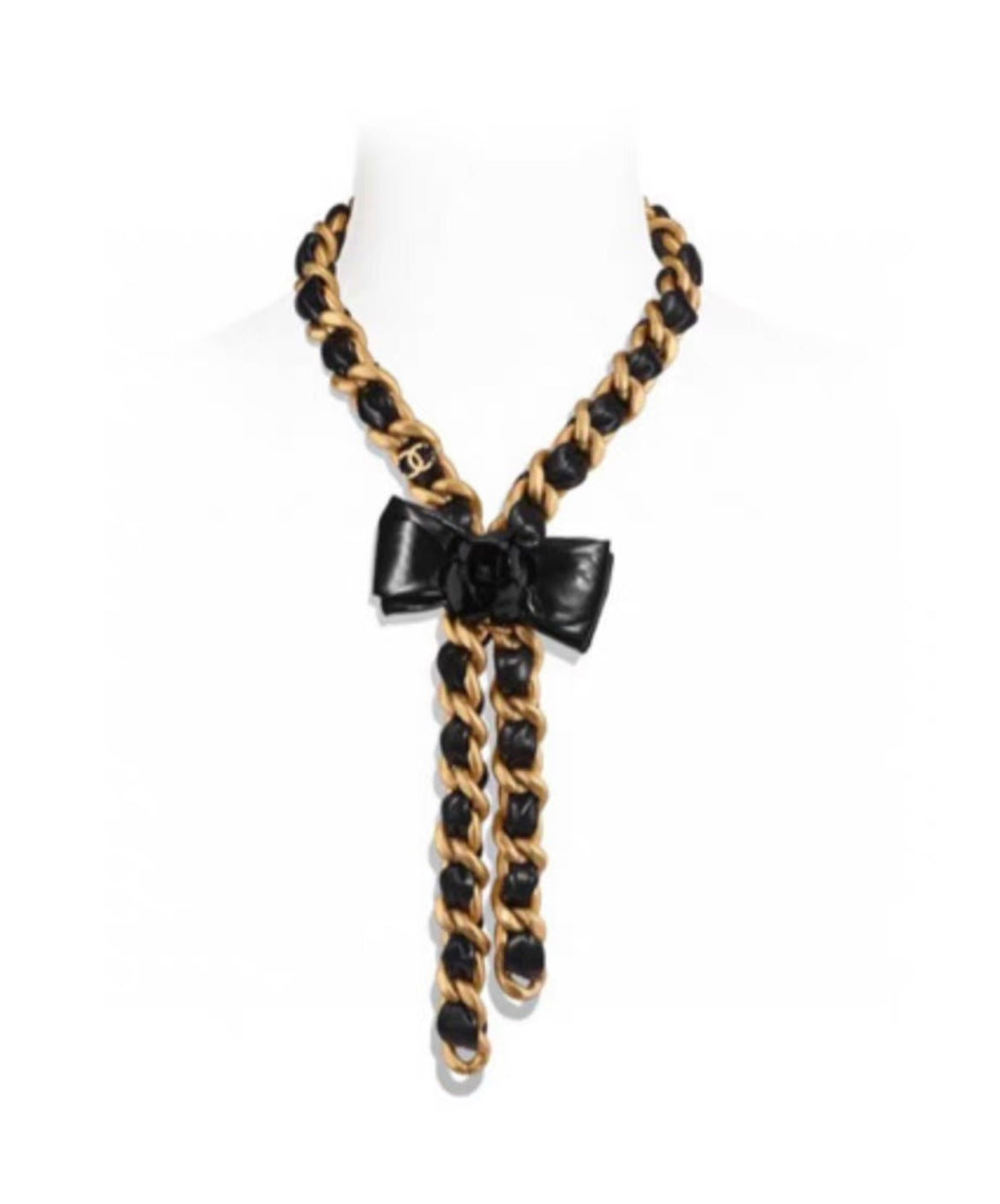 Chanel 20A tie style gold & black ribbon bow with camellia flower leather chain necklace