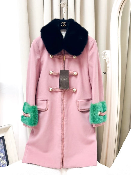 ☆GUCCI　グッチ　超美品裏地玉虫ピンクダブルウールスーツ４６☆ Gucci Pink wool coat with mink collar – Wararni.com