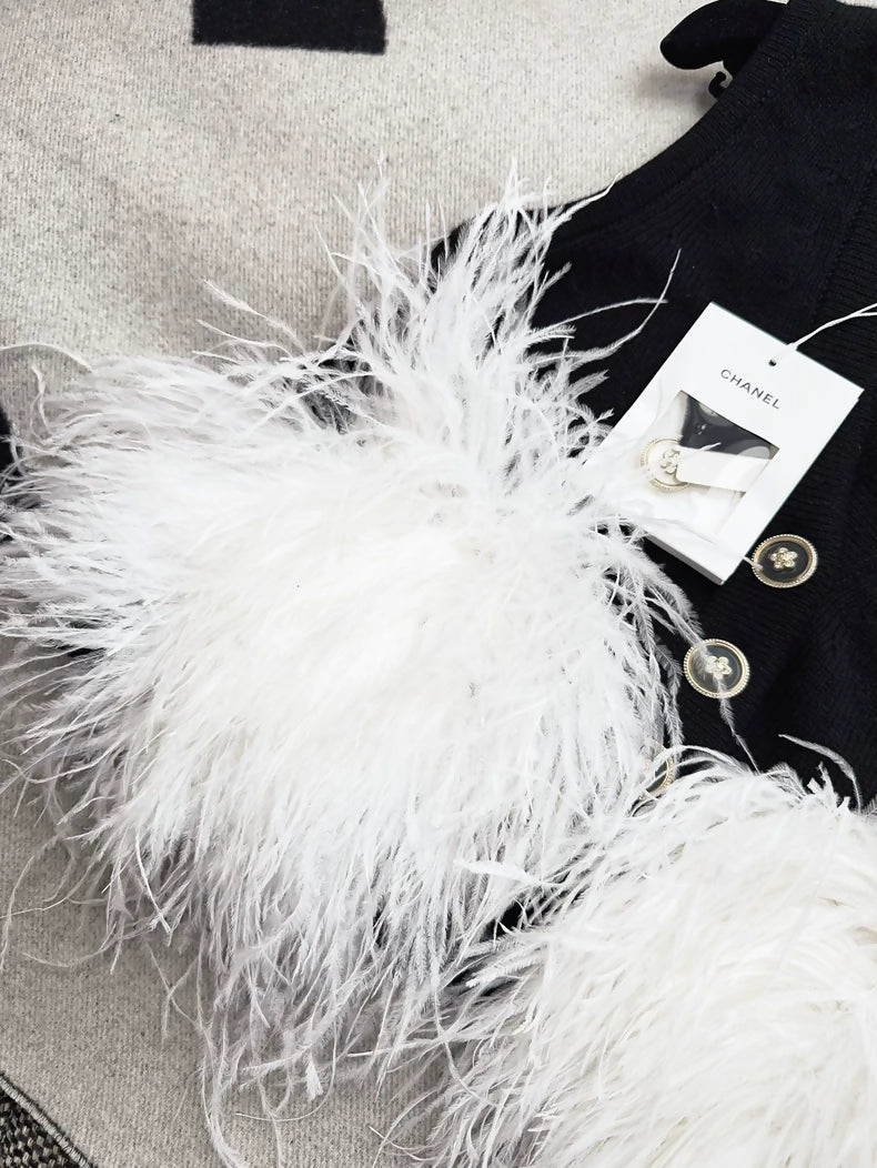 Chanel 23K black & white ostrich feather cashmere vest cardigan