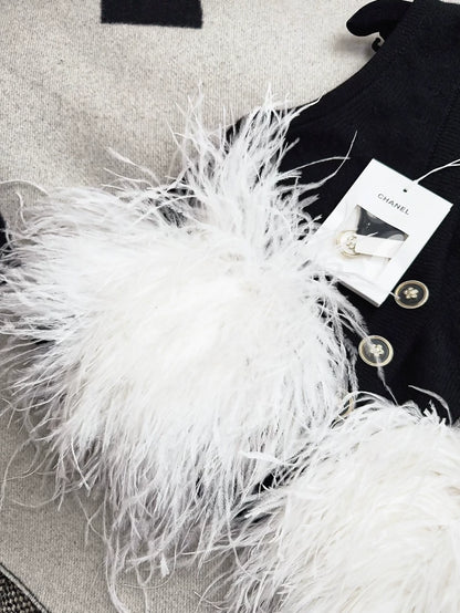 Chanel 23K black & white ostrich feather cashmere vest cardigan