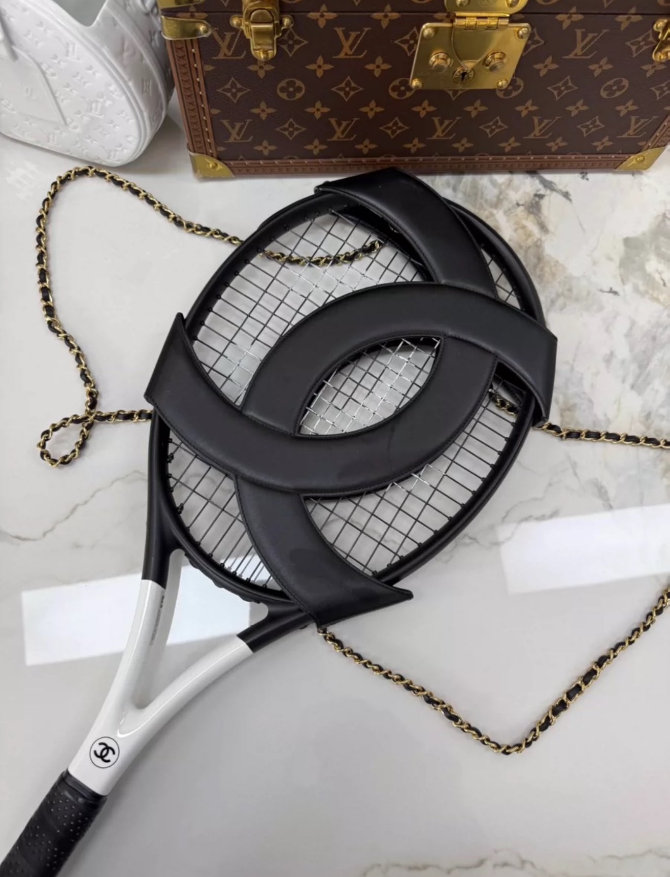 Chanel 23C Tennis Racket black leather with Gold Chain