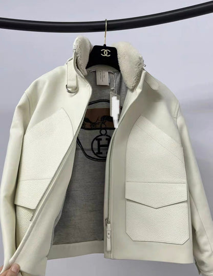 HERMES PALETOT BOMBER JACKET WHITE SHEARLING LEATHER WOOL size 34