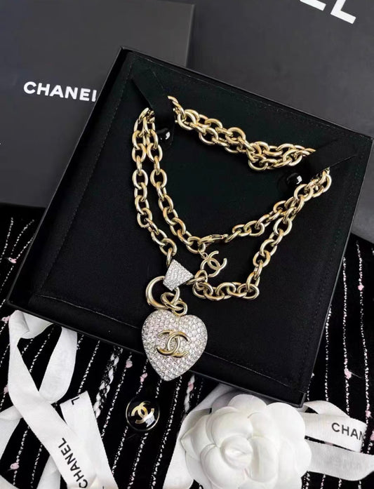 Chanel Strass and Pale Gold Metal CC Heart Necklace, 2020