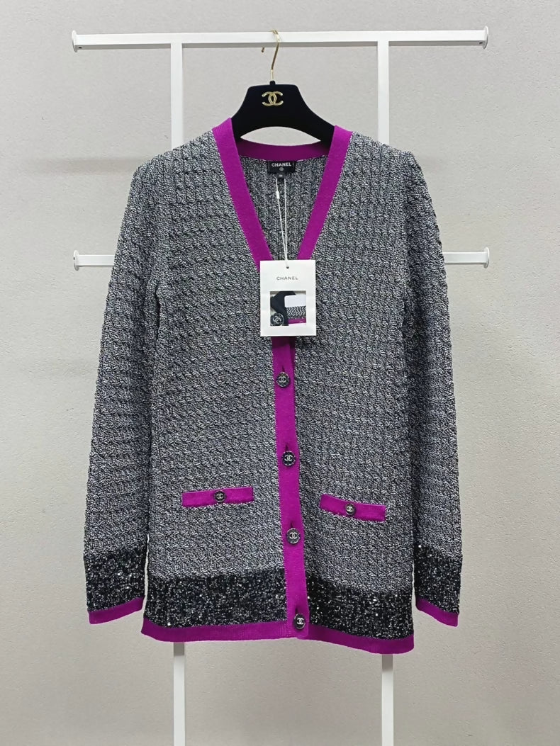 Chanel 21K sequined color-blocked knit cardigan