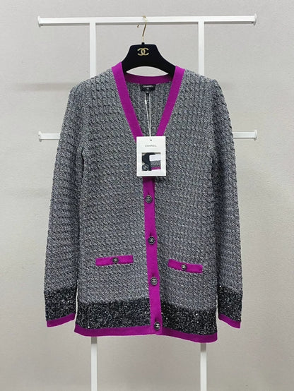 Chanel 21K sequined color-blocked knit cardigan