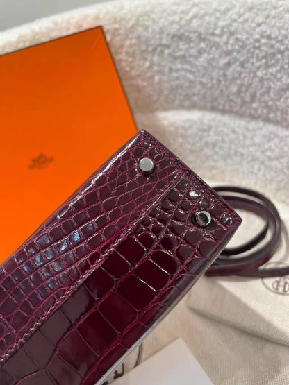 Hermes mini Kelly 20 Bordeaux Shiny alligator leather palladium hardware