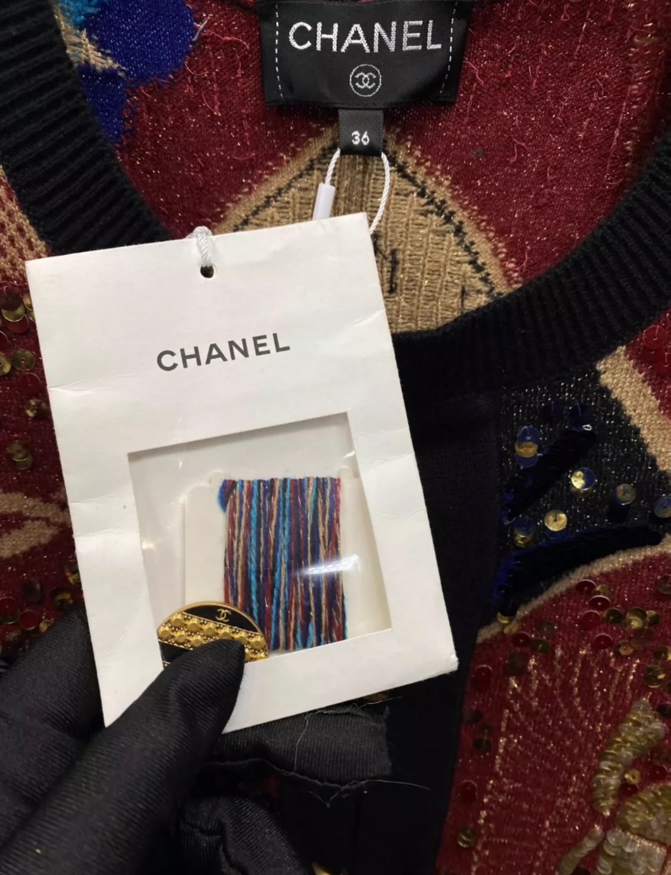 Chanel 19A Cashmere Cardigan in Burgundy, Navy Blue & Black