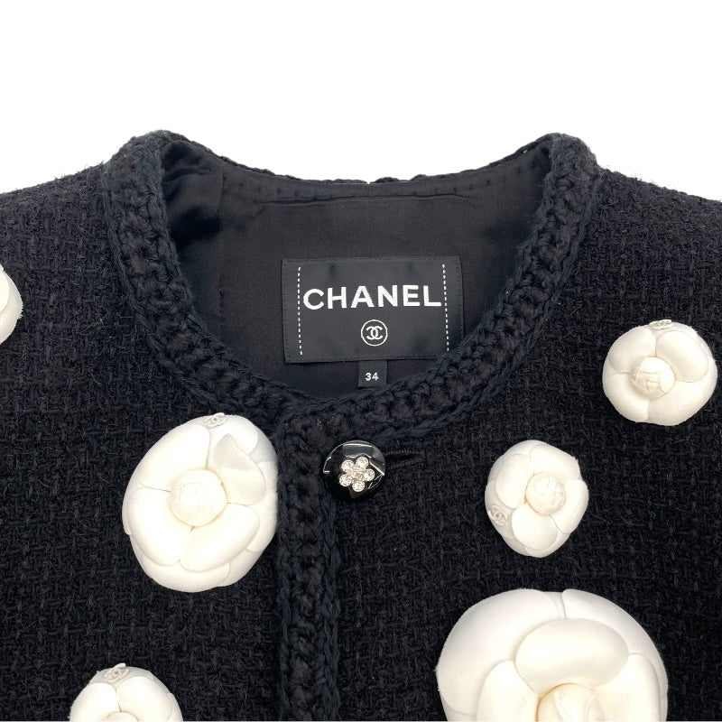 Rare Chanel 23K black tweed with white camellia flowers